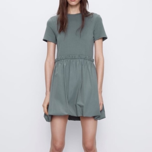 Zara Like New Green Combination Mini Dress with Voluminous Hem Size Medium - Picture 3 of 8